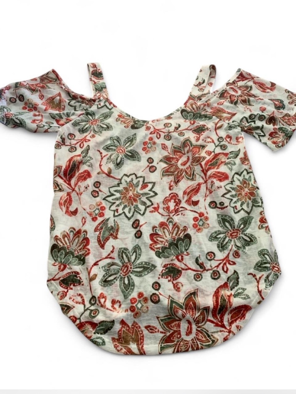 Floral Cold-Shoulder Bubble Blouse in Green & Rust by DNA Couture